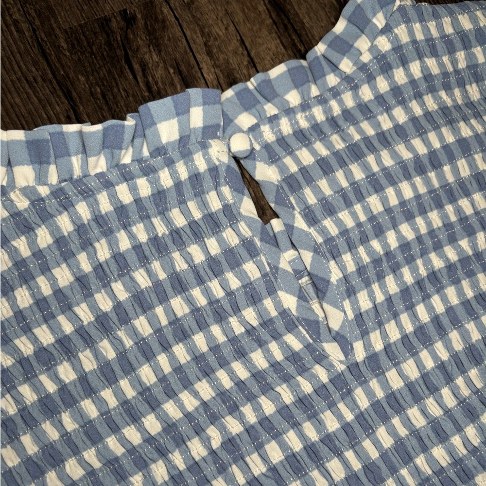 NWT Market & Spruce Light Blue & White Gingham Short Sleeve Smocked Blouse Small - Picture 11 of 12